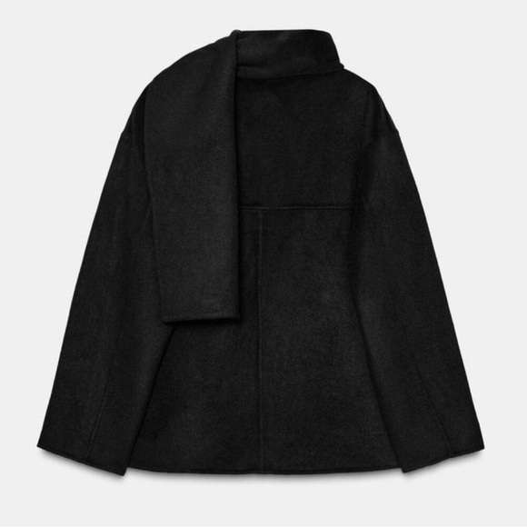 ZARA WOOL BLEND SHORT COAT WITH DETACHABLE SCARF - BLACK - Picture 10 of 17
